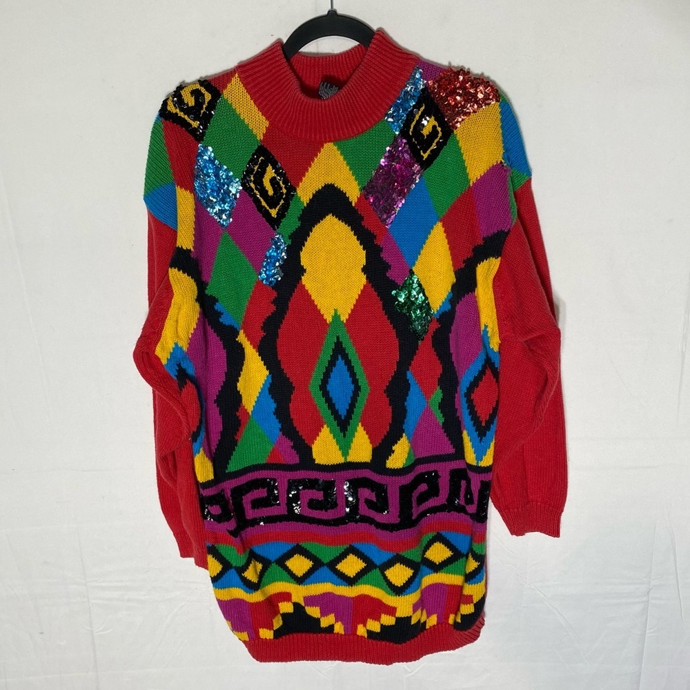Vintage IB Diffusion Red Multicolour Ramie Cotton Knit W Sequins Sweater M